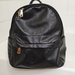 Black Faux Leather Mini Backpack with Gold Accents